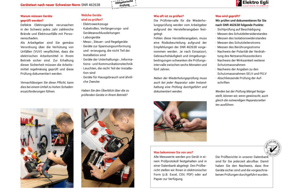 Flyer zur Geräteprüfung mit Fotos und Text